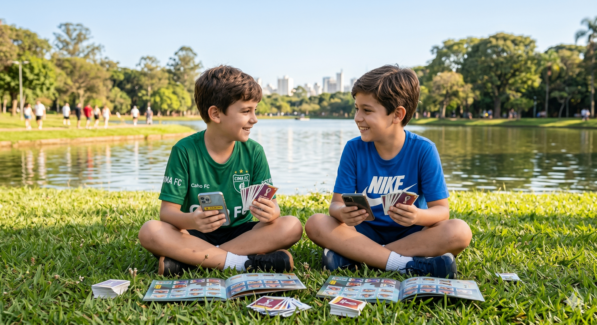 Amigos trocando figurinhas conectados pelo FigLink